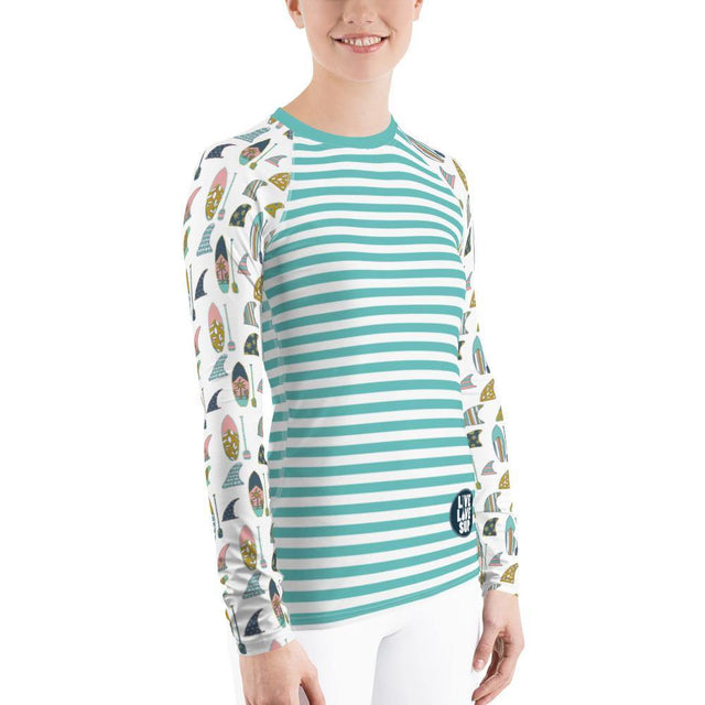 Women's Turquoise Striped Stand Up Paddle Board Rashguard - SUP Apparel - LIVE LOVE SUP