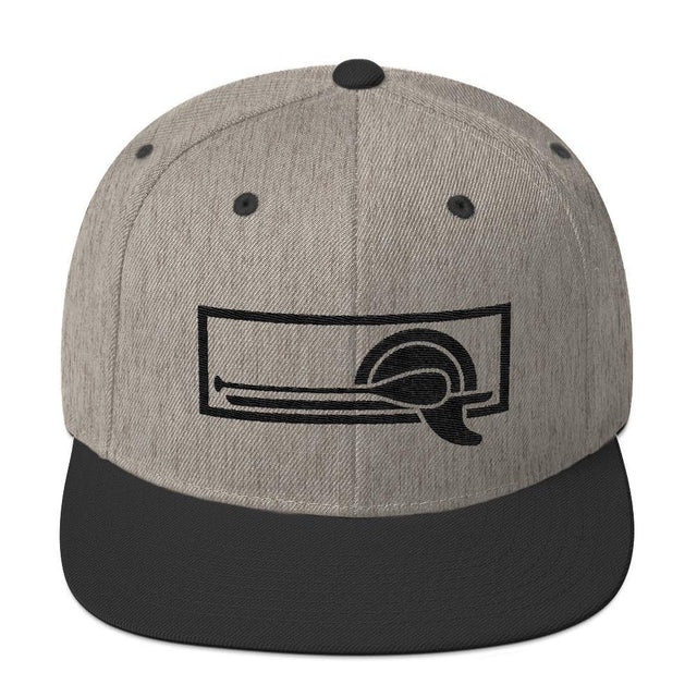Structured, high-profile snapback hat featuring a stand-up paddleboarder logo with flat brim and green under visor. Available in Navy/Red, Heather/Black, or Green Camo one size with adjustable snapback.