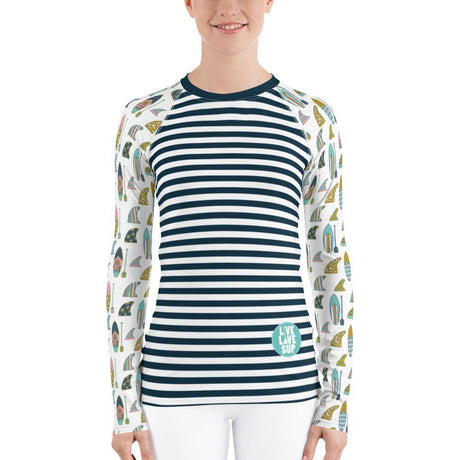 Long-sleeve women’s navy striped rashguard with hand-drawn board and paddle pattern, featuring UPF 38–40 protection, soft four-way stretch fabric, flat ergonomic seams, and longer fit ideal for SUP.