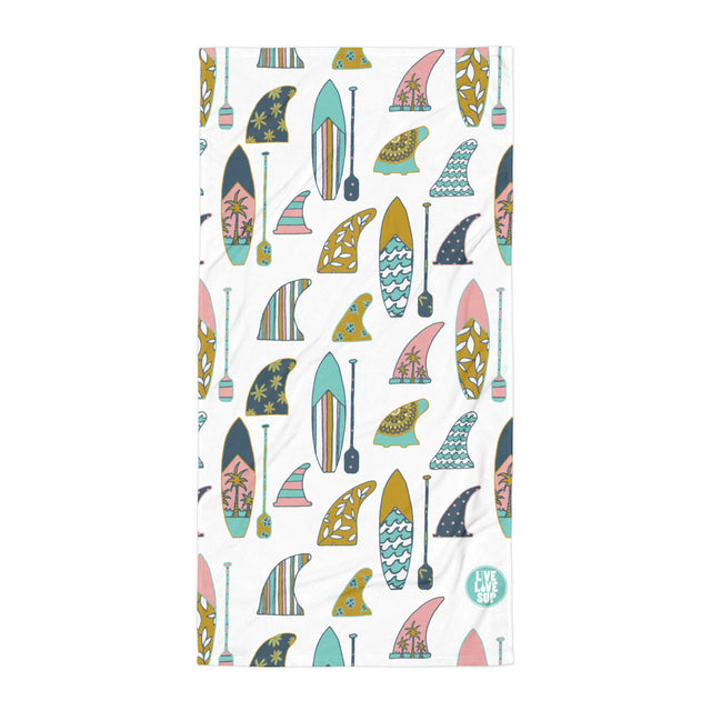 Large SUP towel (30 × 60 inches) with a hand-drawn board and paddle print on one side; reverse side is absorbent terry fabric. Made of soft cotton-poly blend, ideal for beach, bath, or SUP sessions.