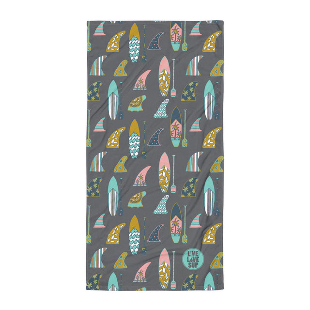 Hand Drawn Board and Paddle Design Grey SUP Towel