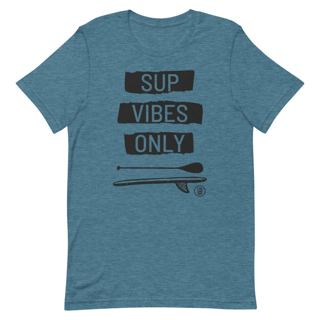 Unisex premium SUP t-shirt featuring “SUP Vibes Only” design. Soft 100% combed cotton (for heathers, cotton/poly blend), shoulder-taped, side-seamed, lightweight fit (4.2 oz); available in Mauve, Heather Prism Dusty Blue, Heather Deep Teal, and White; sizes XS–4XL.
