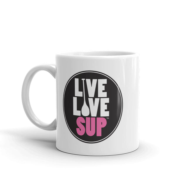 White glossy ceramic mug with a pink “Live Love SUP” logo, dishwasher- and microwave-safe perfect for paddleboarding enthusiasts.