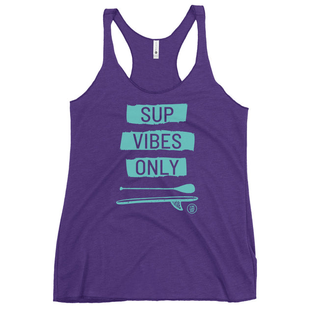 Women’s racerback paddle tank in Vintage Black, Purple Rush, Indigo (sold out), or Vintage Royal featuring a "SUP Vibes Only" logo. Made from soft tri-blend fabric with raw-edge seams and a flattering form-fit.