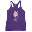 Women’s racerback tank in Purple Rush, Vintage Black, or Vintage Navy featuring a pineapple paddle graphic by Emily Bea Design. Made from soft tri-blend (50% polyester, 25% cotton, 25% rayon), with raw-edge seams and a flattering form-fitting cut.