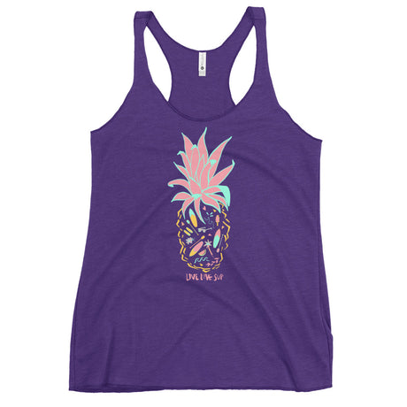 Women’s racerback tank in Purple Rush, Vintage Black, or Vintage Navy featuring a pineapple paddle graphic by Emily Bea Design. Made from soft tri-blend (50% polyester, 25% cotton, 25% rayon), with raw-edge seams and a flattering form-fitting cut.