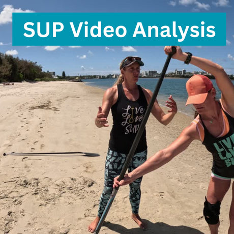 Two people on a beach with a paddle, preparing for stand-up paddling, with text 'SUP Video Analysis' at the top.