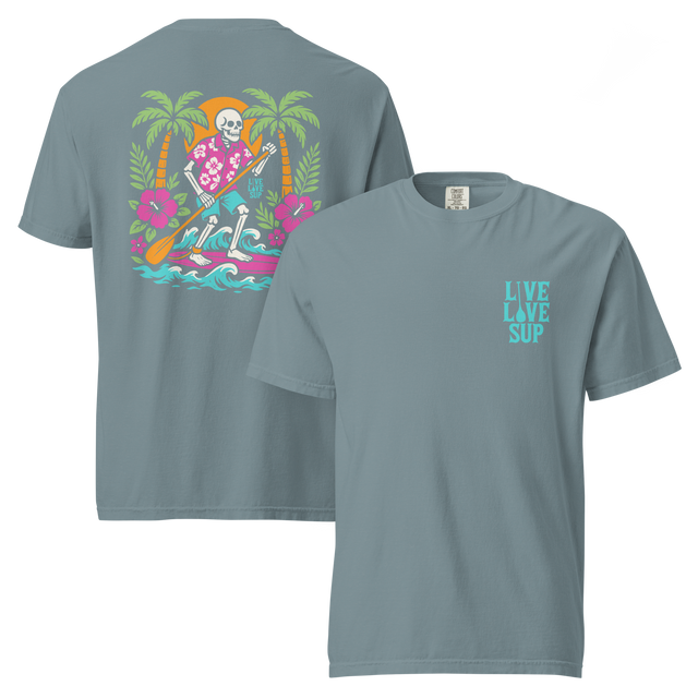 Unisex Surf Skeleton Flowers Premium T-shirt Garment Dyed I Live Love SUP