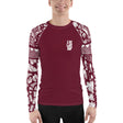 Men’s long-sleeve maroon Hawaiian striped rash guard in UPF 40 fabric, offering sleek four-way stretch and ergonomic seams for paddle-friendly coverage.